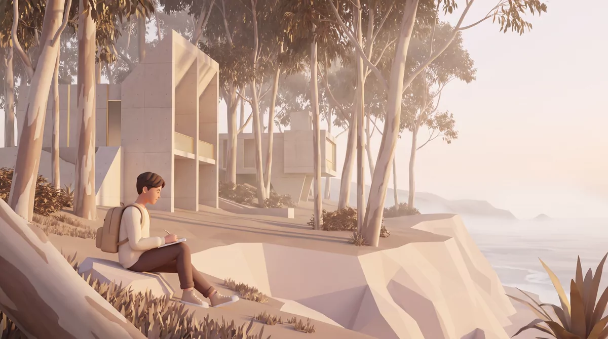 Coastal California bluff at golden hour, eucalyptus grove beside angular modernist concrete building