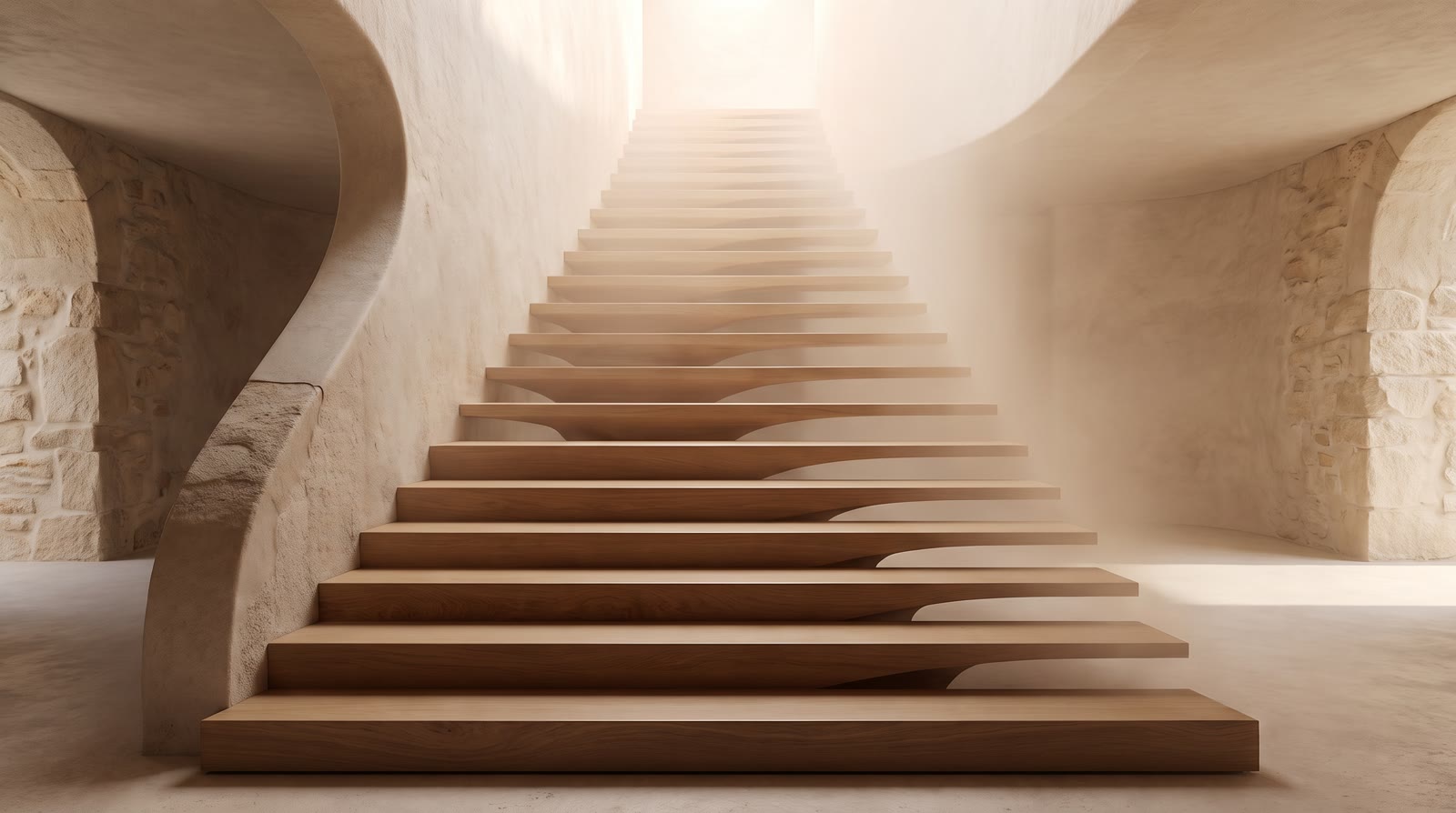 Abstract composition of a wide staircase where the upper steps thin out and fade into soft light, mi