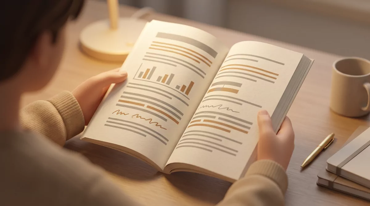 Close-up of hands holding a printed institutional report with abstract placeholder lines and grey ba