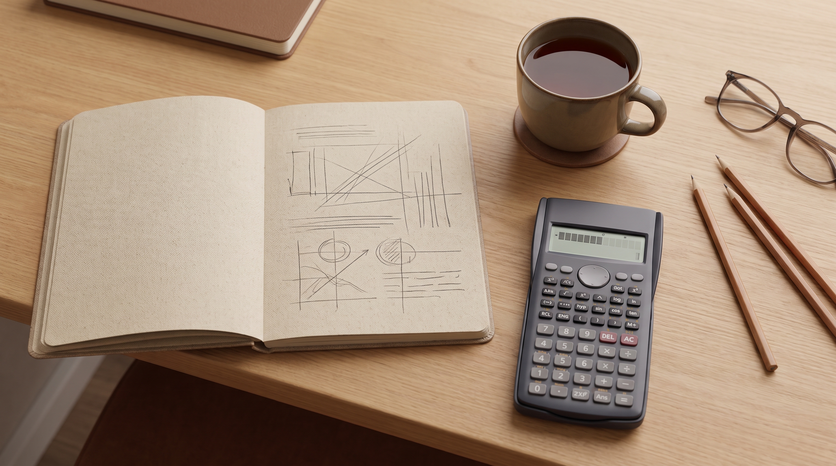 An overhead view of a study desk with open notebook, calculator, and a mug of tea, warm minimalist s