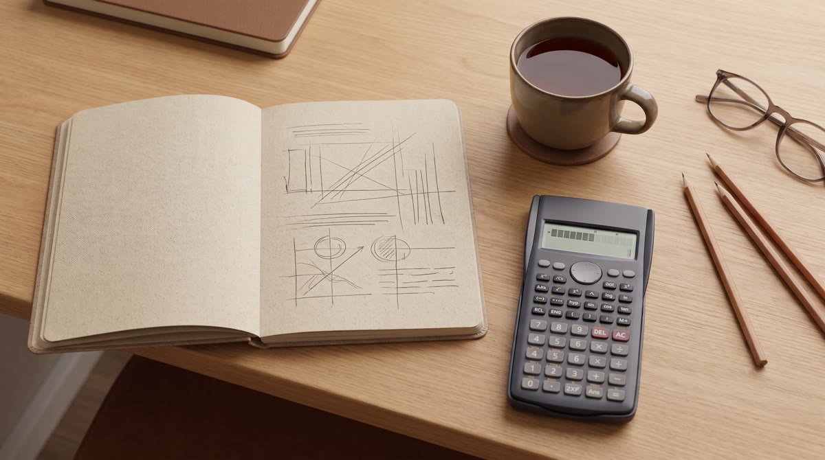 An overhead view of a study desk with open notebook, calculator, and a mug of tea, warm minimalist s