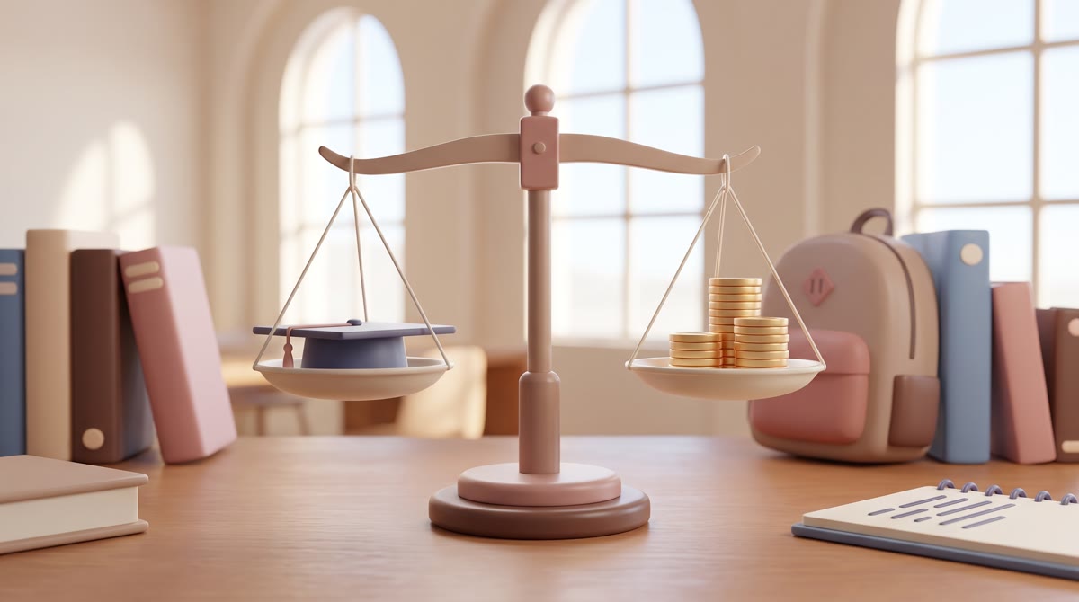 A balance scale rendered in warm earthy tones, one side holding a graduation cap and the other a sta