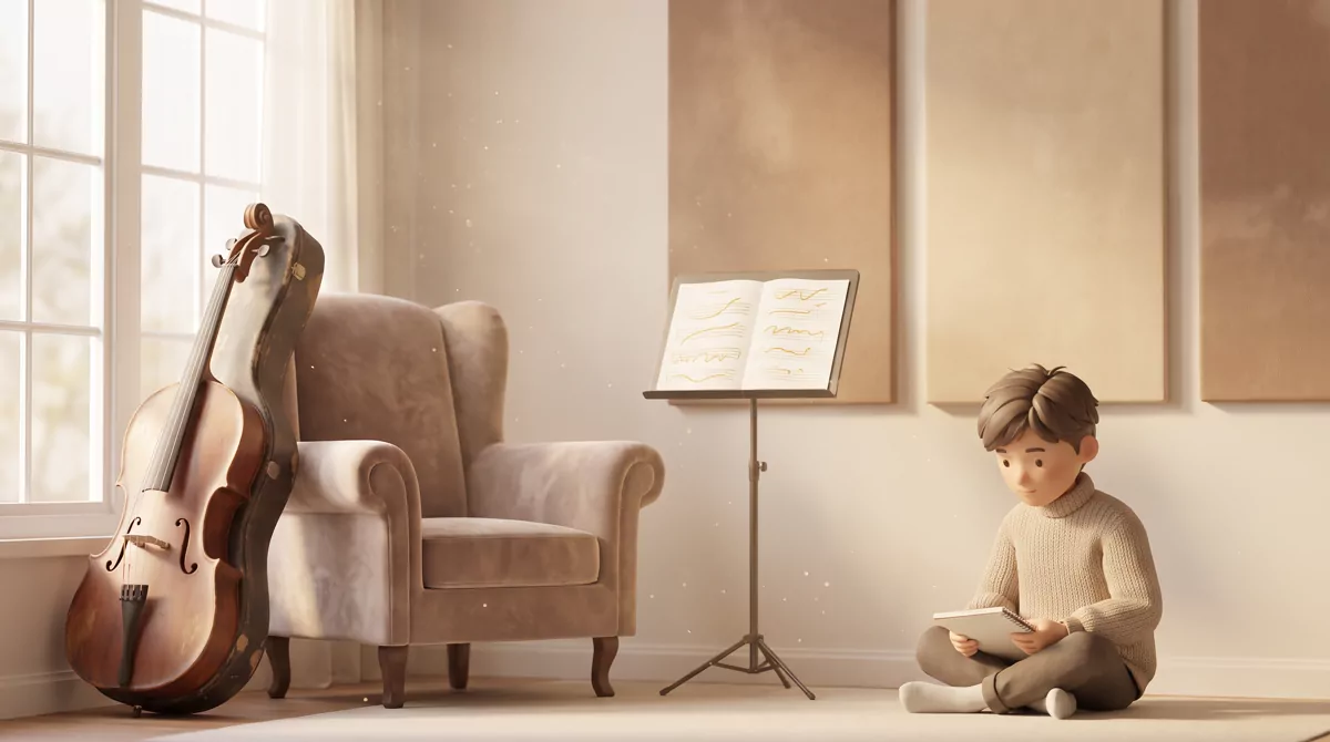 A cello leaning against a chair in a sunlit university practice room, sheet music on a stand showing