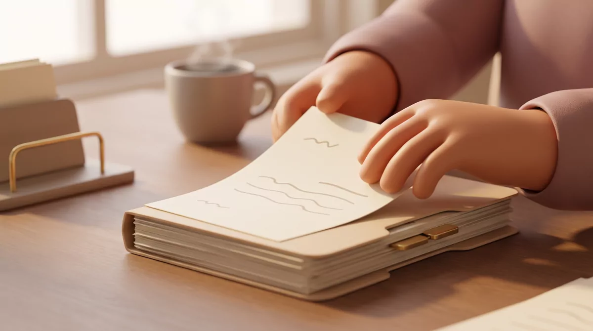 Close-up of two hands sliding a single page from a thick stack of folders across a wooden desk in an