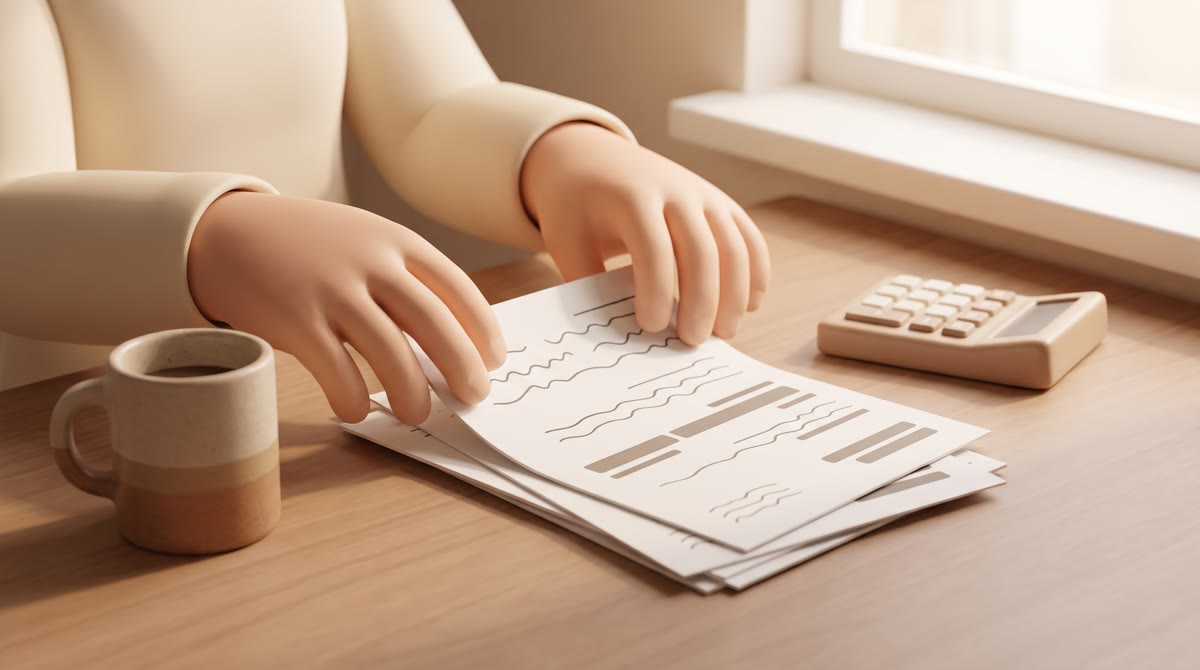 Close-up of a high school student's hands sorting printed transcript pages with abstract placeholder
