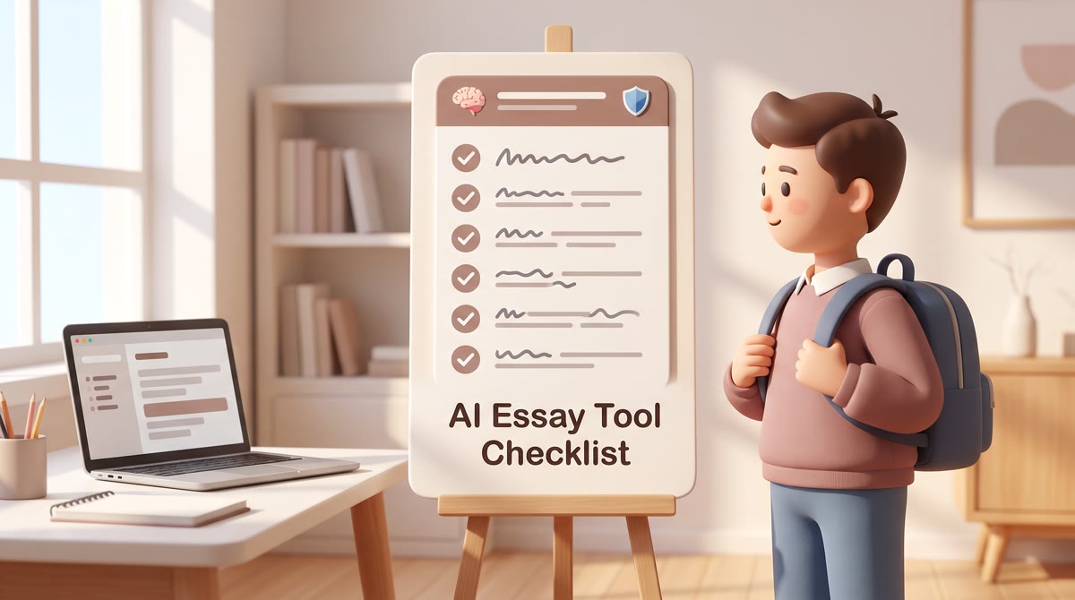 checklist graphic showing 7 evaluation criteria for AI essay tools, alt text: 