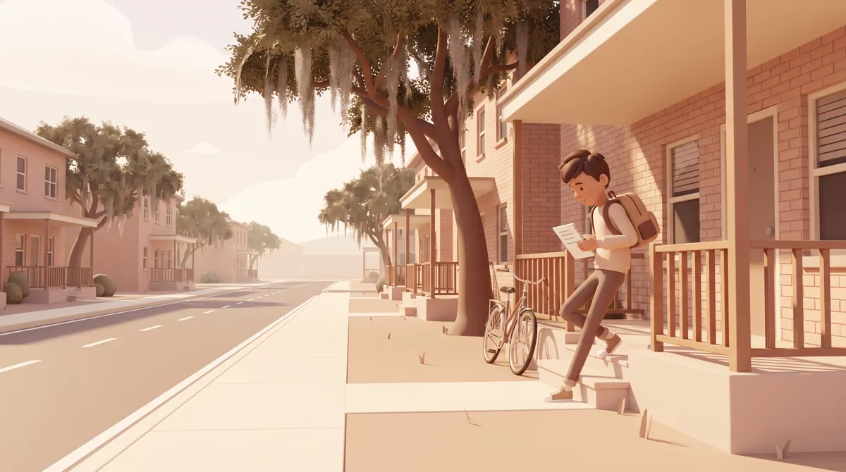 A quiet small-city residential street with low-rise apartment buildings, a bicycle leaning against a