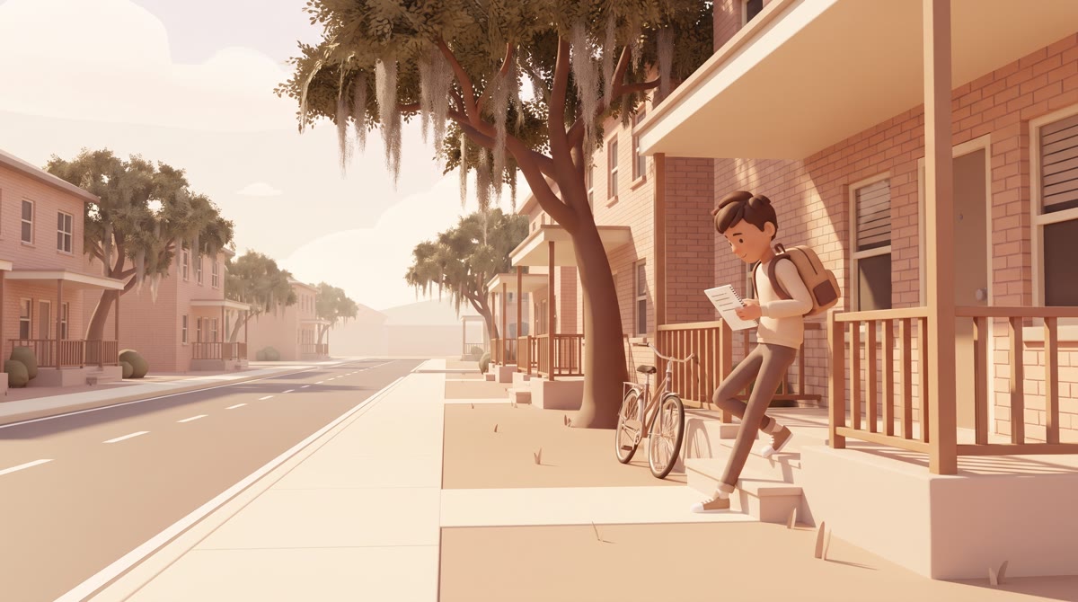 A quiet small-city residential street with low-rise apartment buildings, a bicycle leaning against a