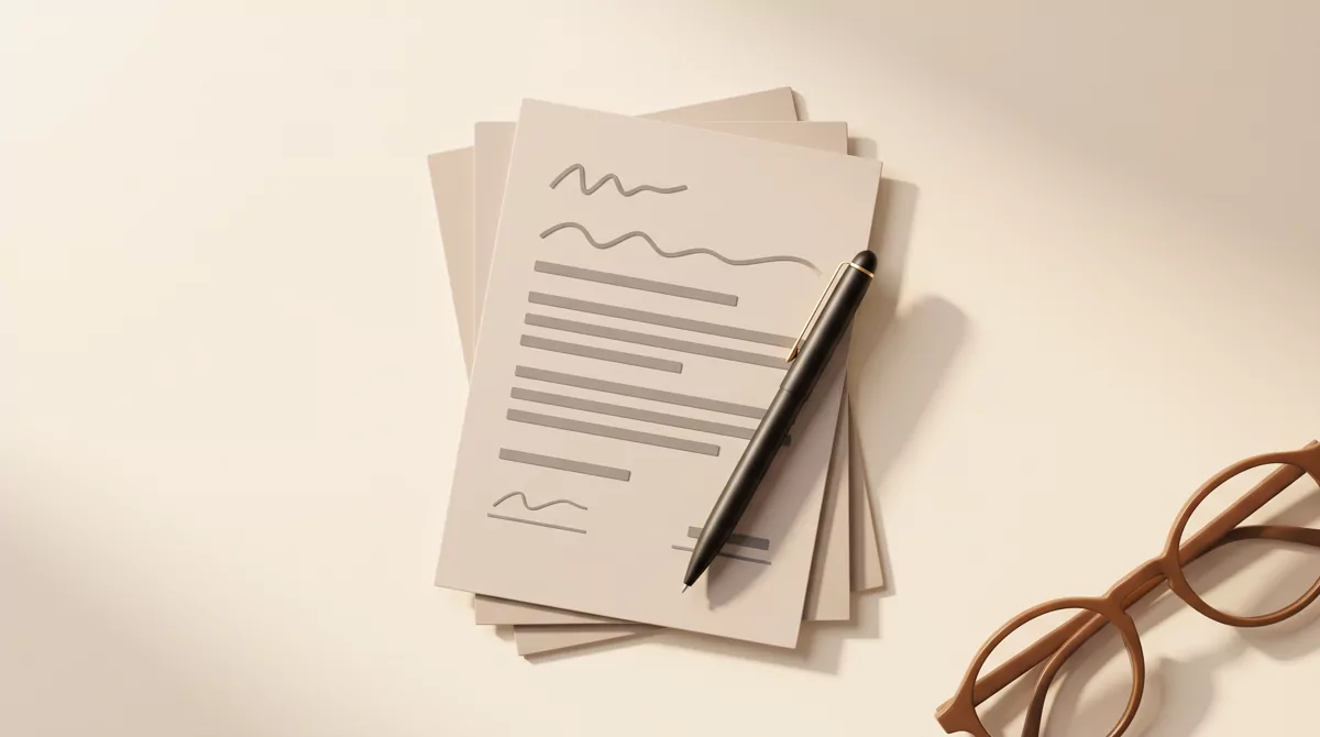 Overhead flat lay on a warm cream surface: a short stack of printed pages showing only abstract grey