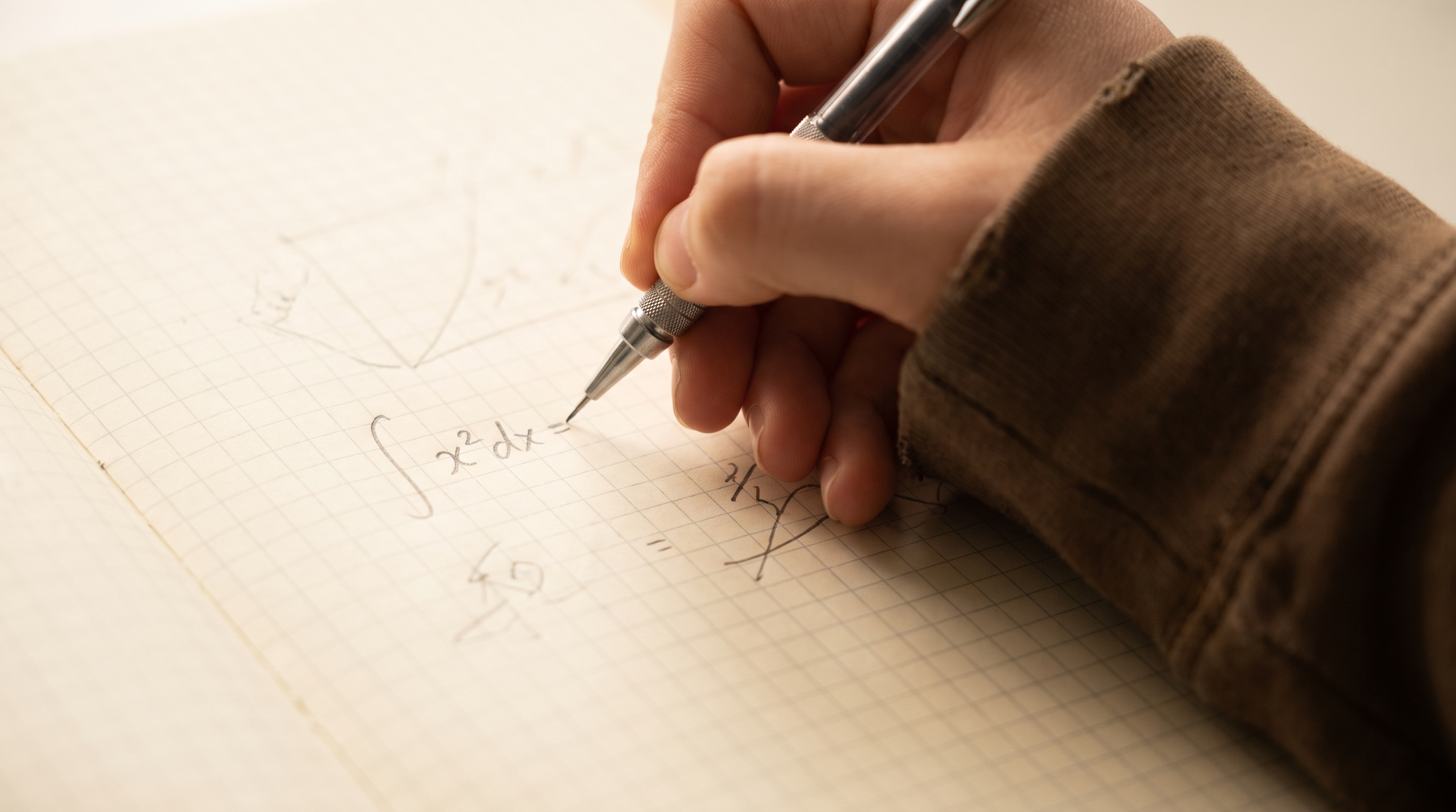 Close-up of a hand writing an integral expression on graph paper with a pencil, soft brown tones, sh