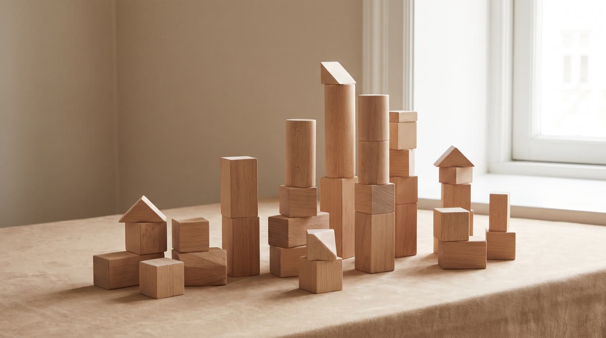 Abstract stacked wooden blocks of varying heights on a warm neutral surface, soft daylight, suggesti