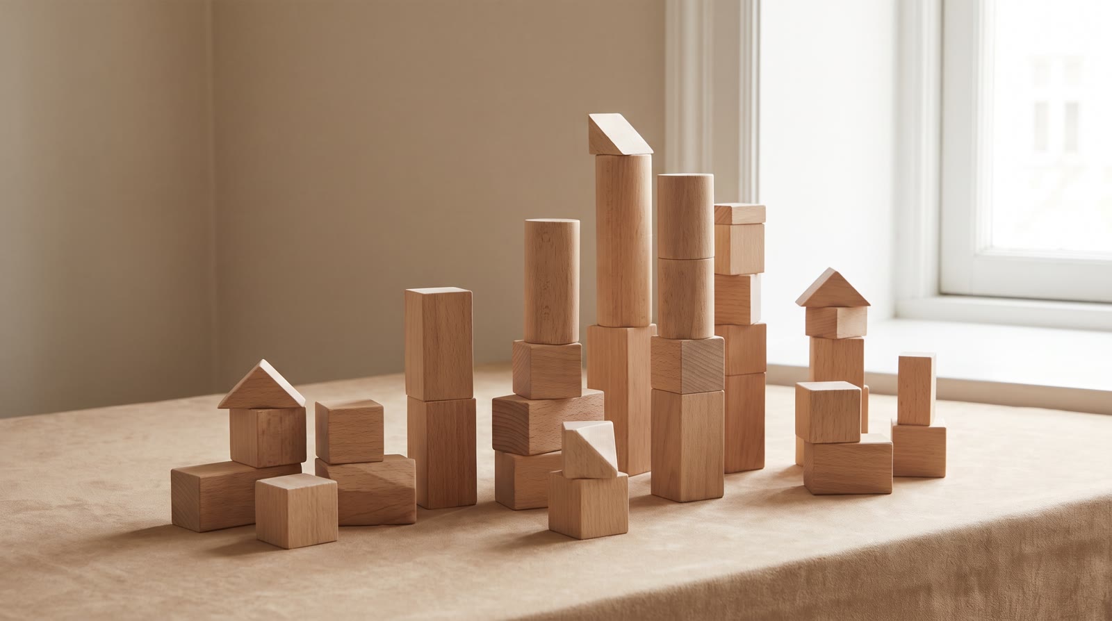 Abstract stacked wooden blocks of varying heights on a warm neutral surface, soft daylight, suggesti