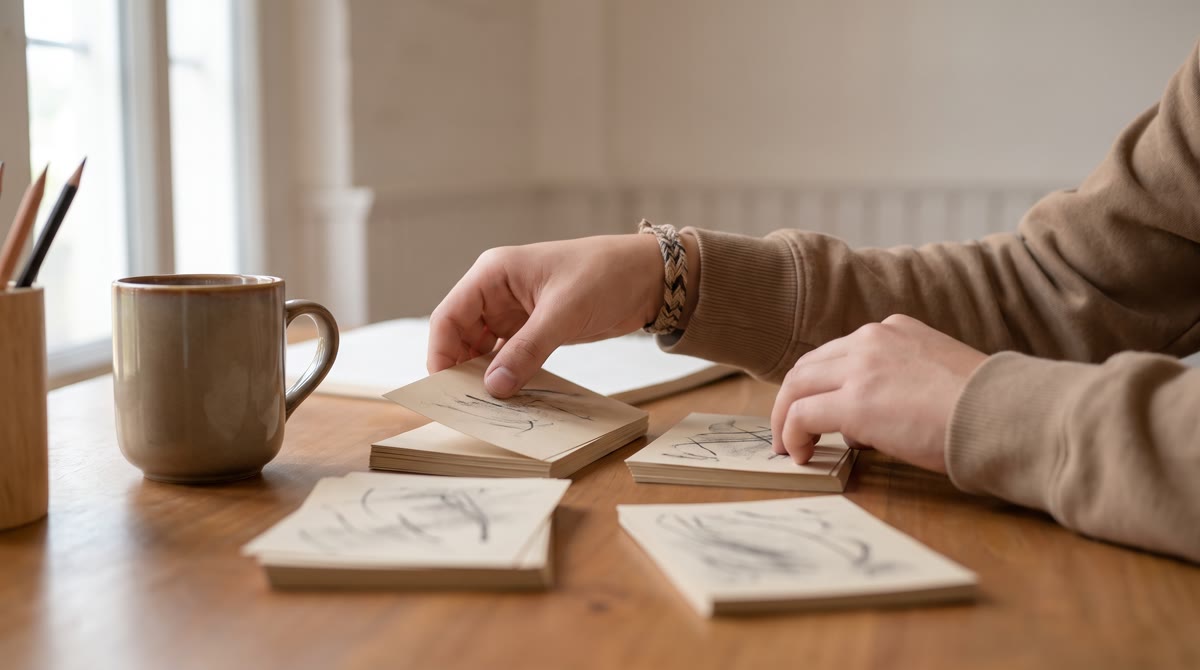 Close-up of a teenager's hands sorting index cards into small piles on a desk beside a mug, cards bl