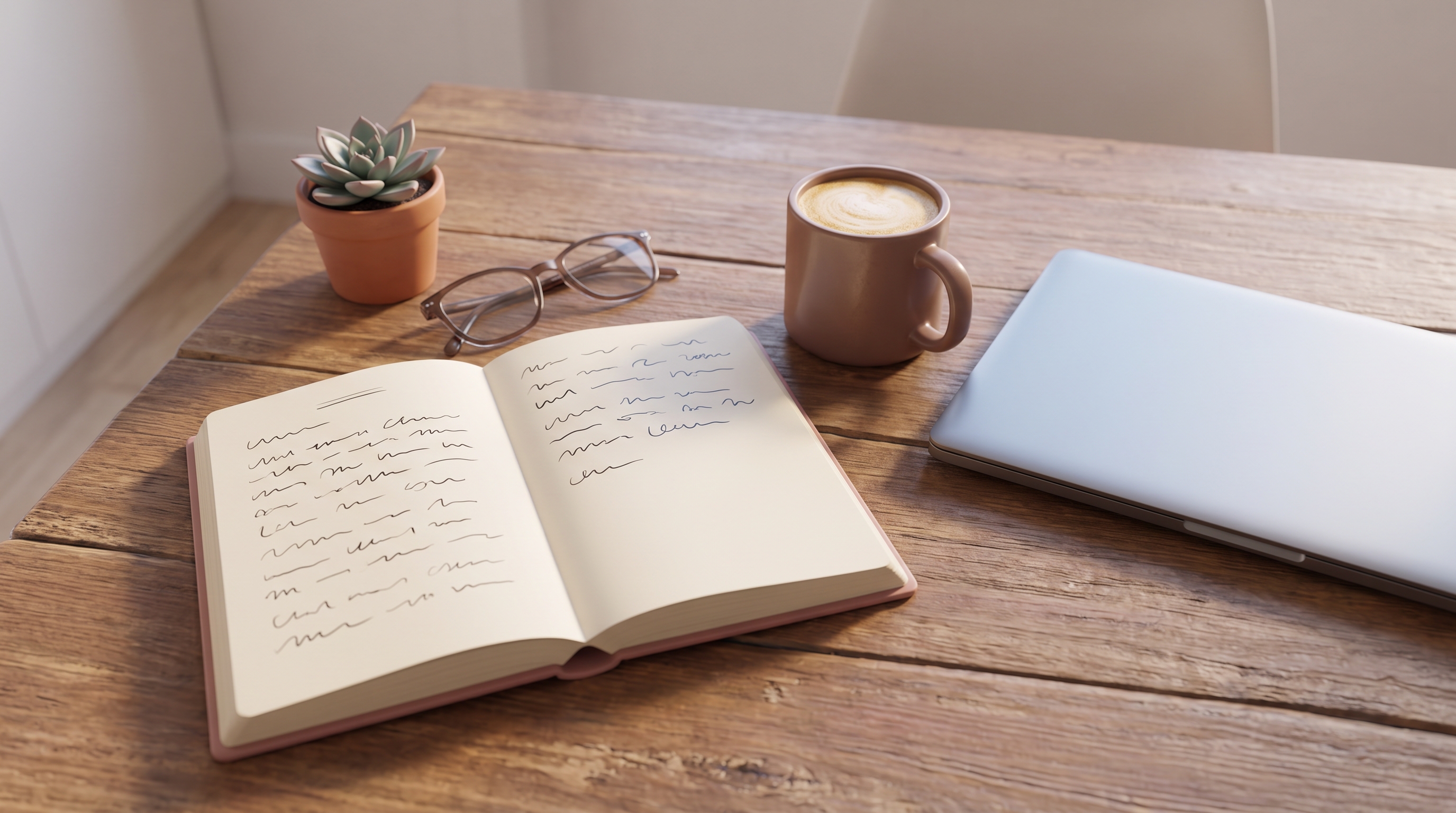 An overhead flat-lay of an open notebook, a coffee cup, and a laptop on a warm wooden desk, no reada
