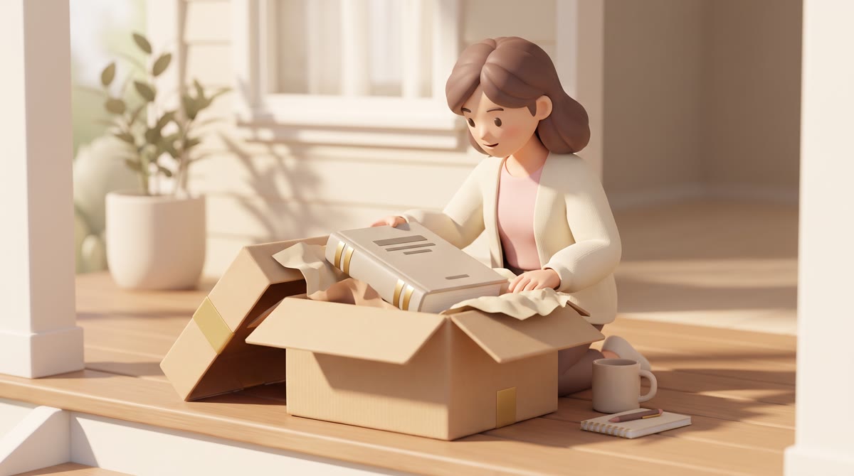 A half-opened cardboard shipping box on a sunlit doorstep with a heavy hardcover book visible inside