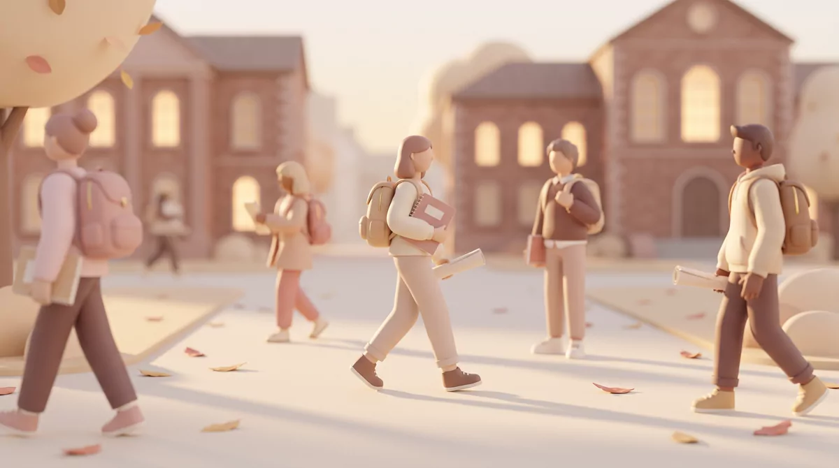 Autumn campus walkway at golden hour, students walking with backpacks, long shadows, brick buildings