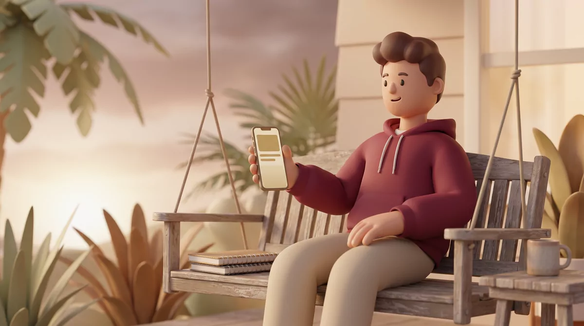 A high school senior in a garnet hoodie sitting on a suburban Florida porch at dusk, phone in hand, 