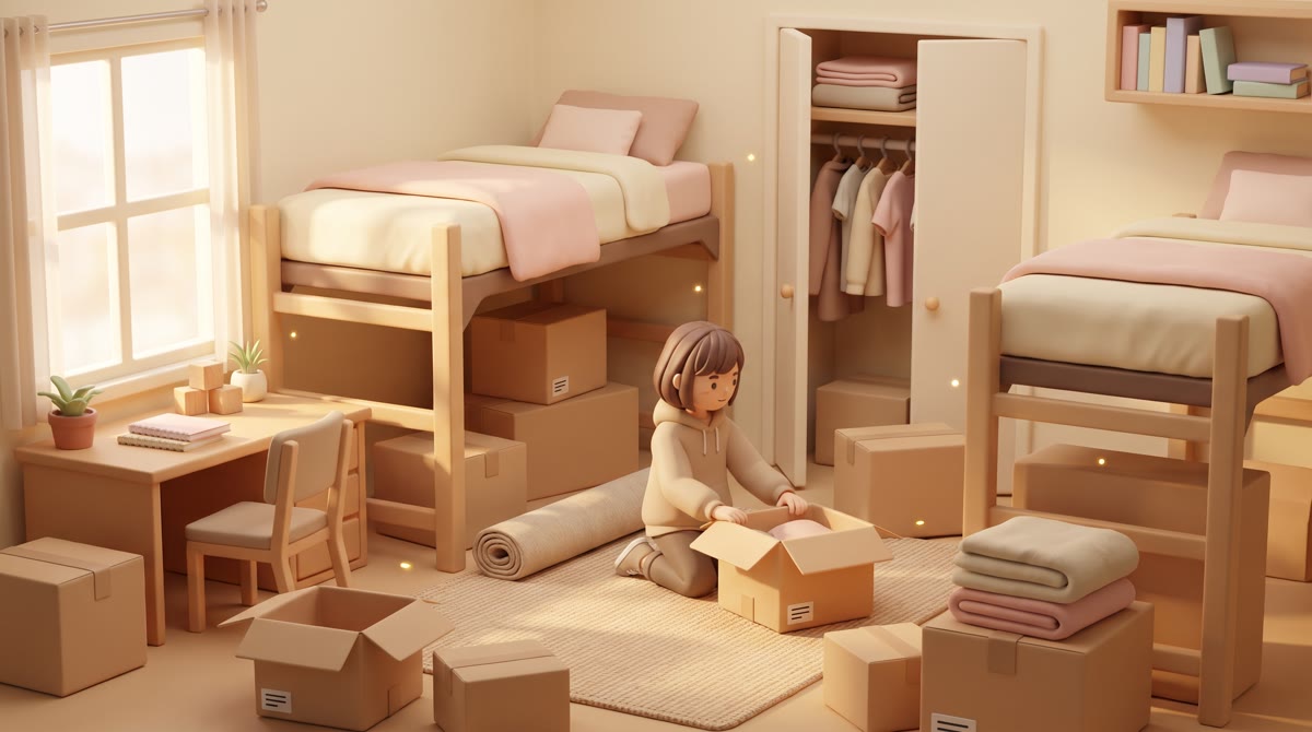 Warm-lit dorm room interior on move-in day, two lofted beds, folded bedding, cardboard boxes on the 