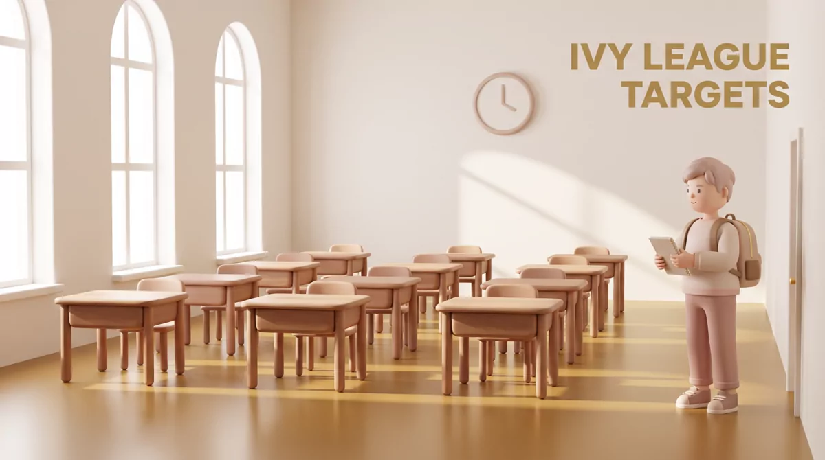 Rows of empty wooden desks in a sunlit high school gymnasium on a Saturday morning, long shadows acr