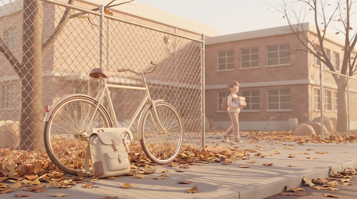 Bike and backpack against a school fence on an autumn afternoon.