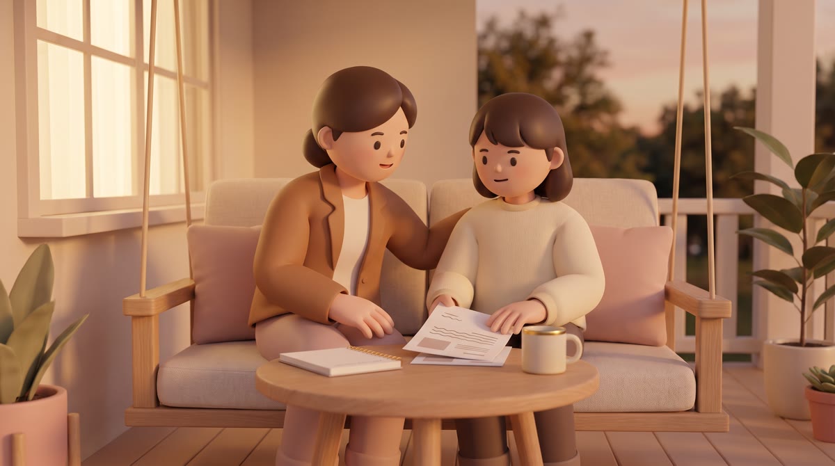 Family discussing college costs and merit scholarships at home