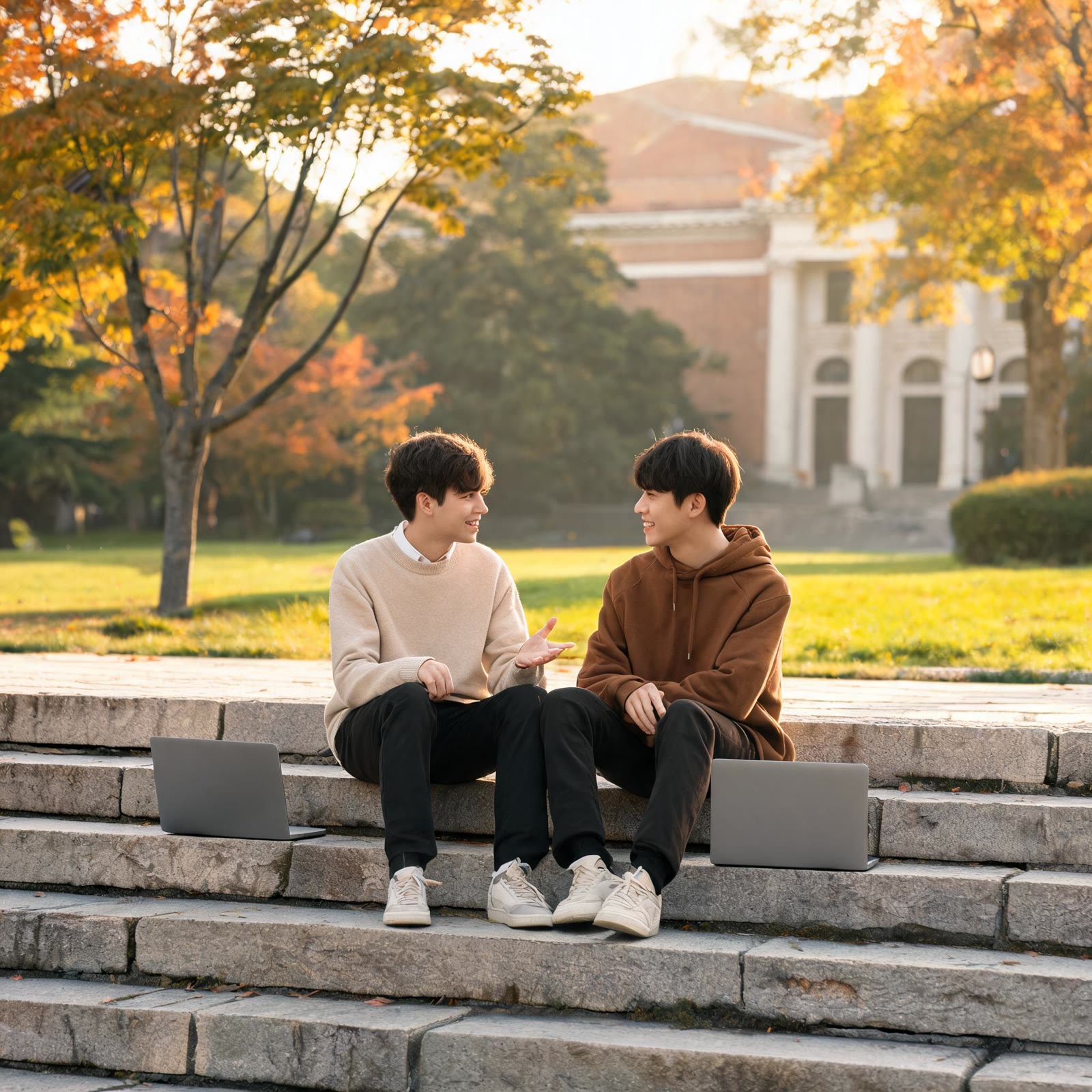 Two students sitting on university steps in warm autumn light, laptops closed, talking, campus green