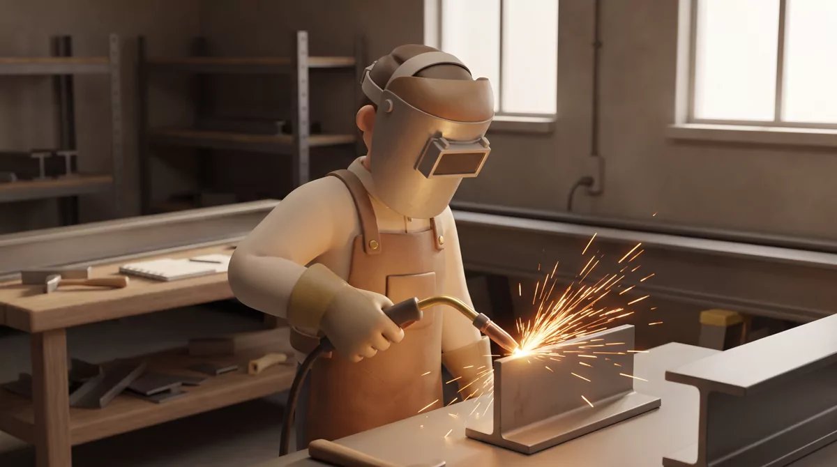 Close-up of a welding student in a leather apron and helmet, bright sparks arcing off a steel joint 