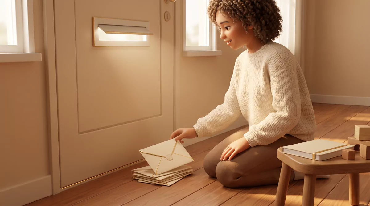 A small stack of sealed envelopes resting on a wooden hallway floor beneath a mail slot, one envelop