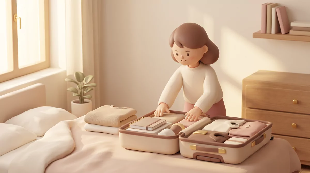 A packed suitcase open on a bed beside a folded sweater and a small houseplant, soft morning light t