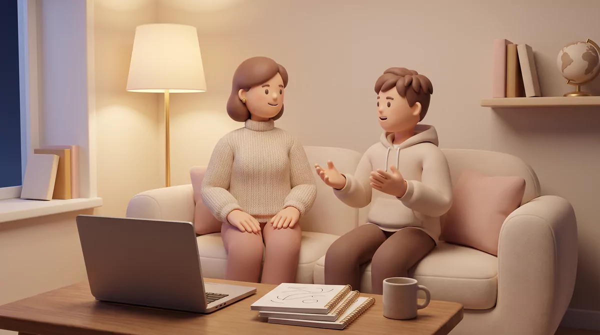 A parent and teenager side by side on a couch at night, laptop closed on the coffee table, parent li