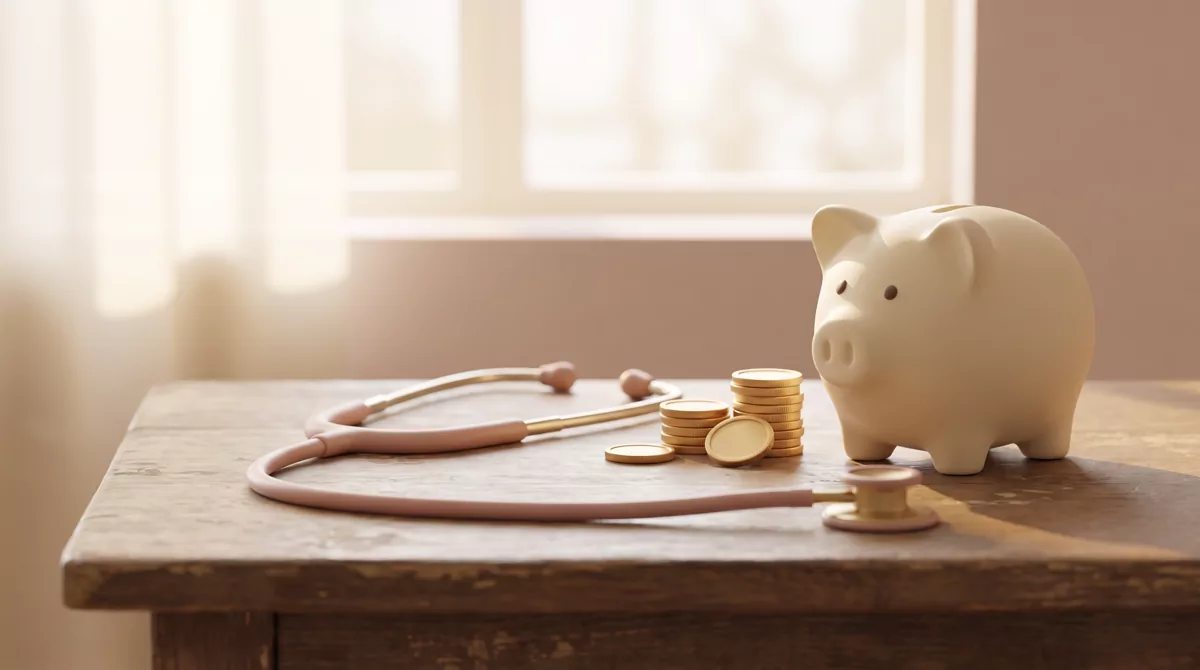 A stethoscope resting on a worn wooden table beside a small stack of coins and a ceramic piggy bank,
