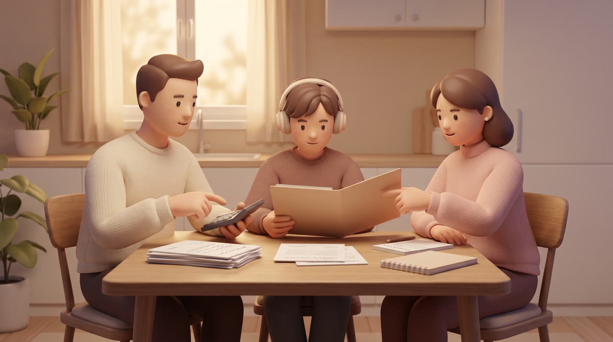 Two parents and a teenager sitting at a kitchen table in evening light with paperwork and a calculat