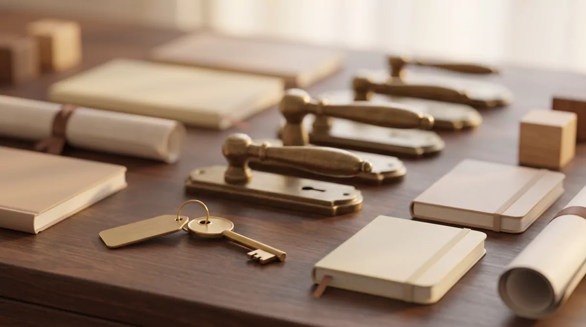 Still life on dark walnut wood, one brass key catching warm light beside a row of closed brass door 