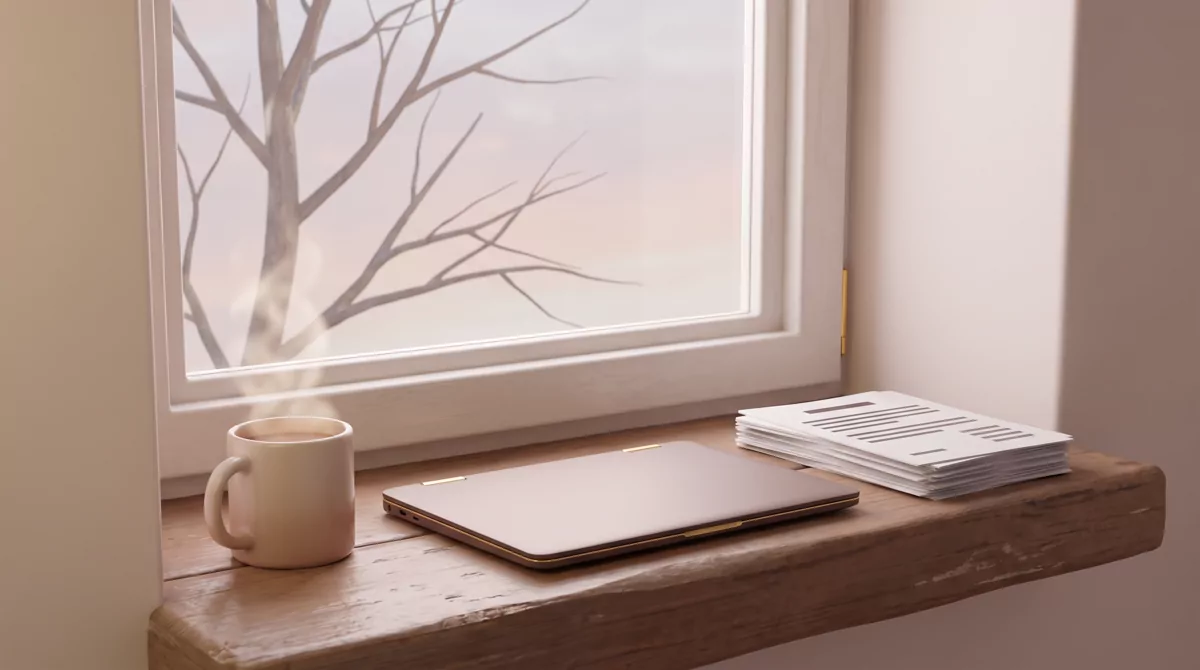 An early-morning window ledge with a mug of coffee, a closed laptop, and a neat stack of printed pag