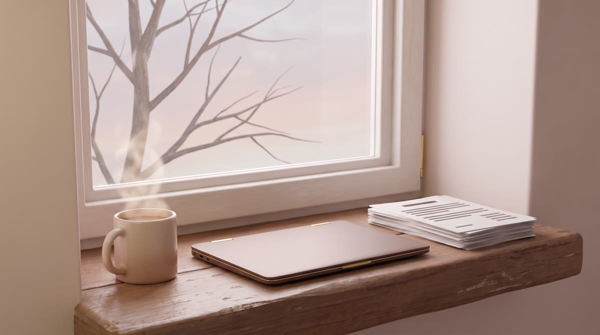 An early-morning window ledge with a mug of coffee, a closed laptop, and a neat stack of printed pag