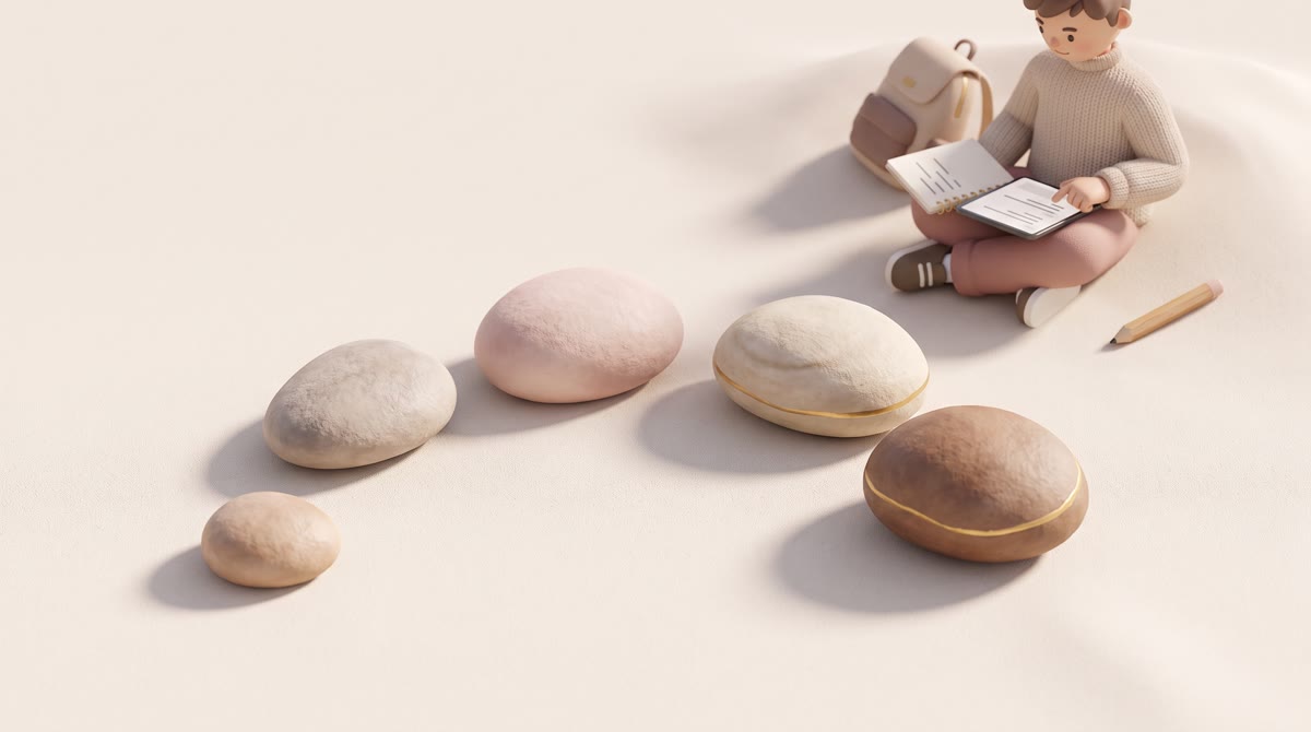 Four smooth river stones of different sizes arranged in a loose arc on pale sand, one stone clearly 