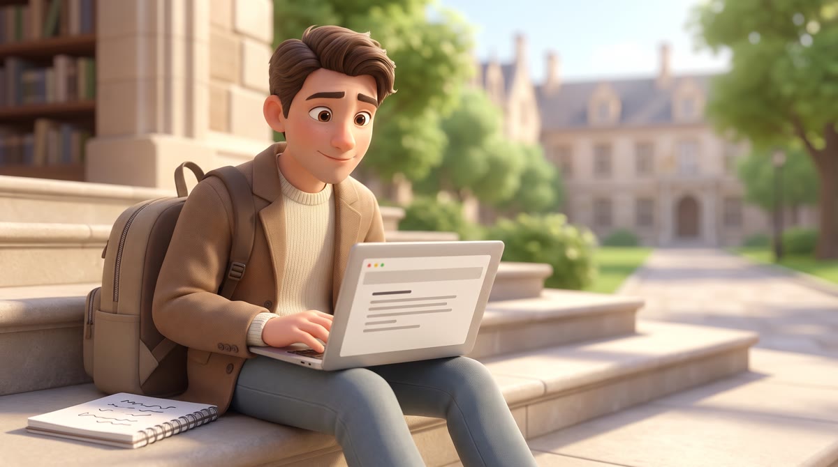 A student sitting on library steps with a laptop and notebook, thoughtful expression, campus greener