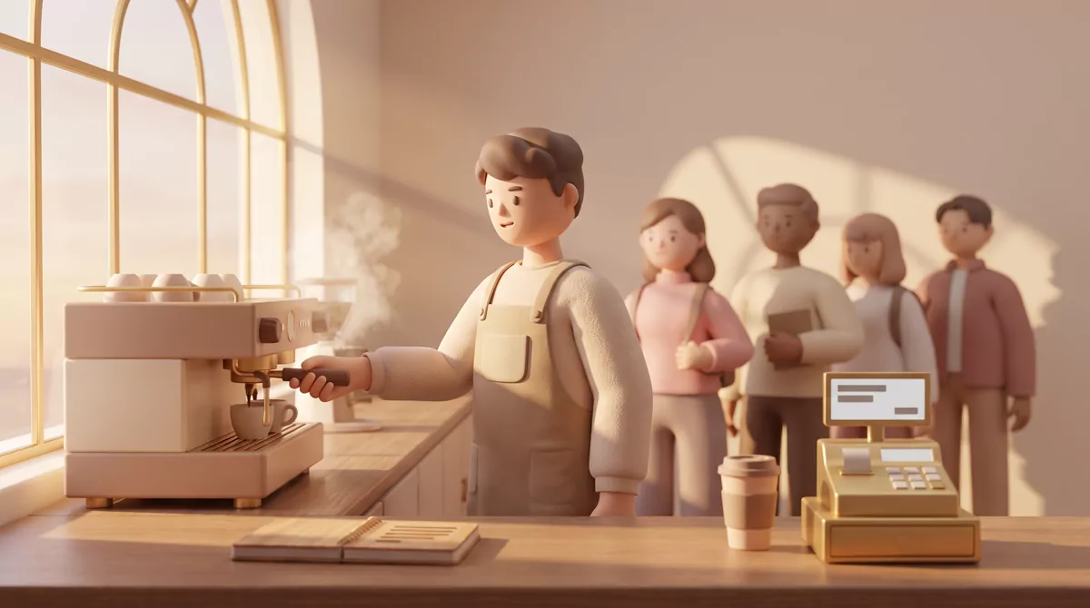 A student in an apron pulling espresso behind a university café counter, late afternoon light throug