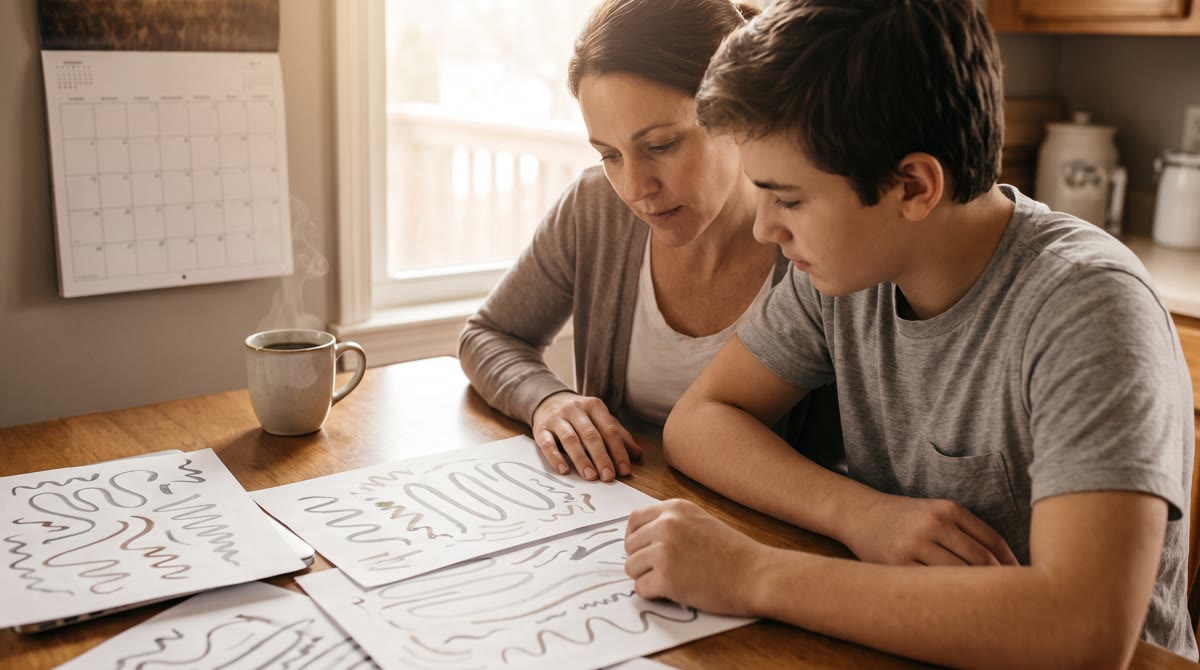 A parent and teenager reviewing papers together at a kitchen table, warm morning light, a mug of cof