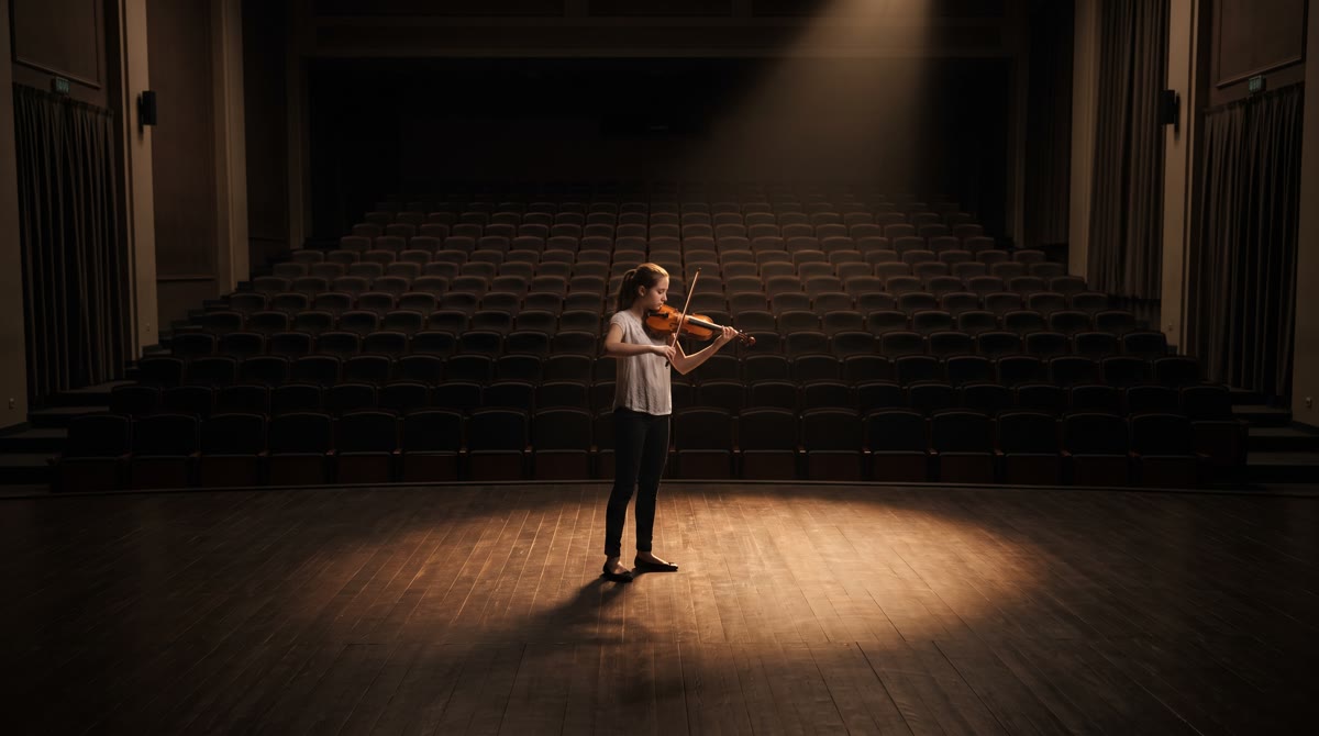 A young violinist standing alone on an empty concert stage under a single warm spotlight, facing row