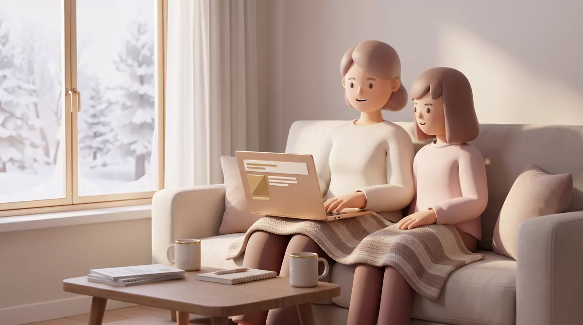 A parent and a teenager sitting close together on a living room sofa in low December window light, l