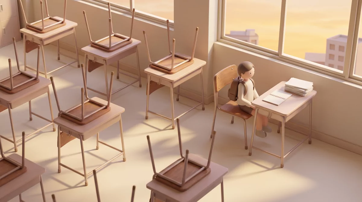 An empty high school classroom at dusk with chairs stacked on desks and one chair still down by the 
