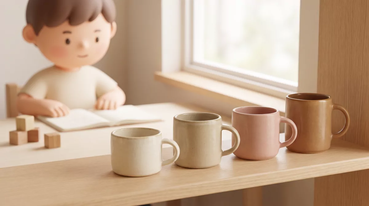Four ceramic mugs of different sizes and earth-tone glazes arranged in a row on a light wooden surfa