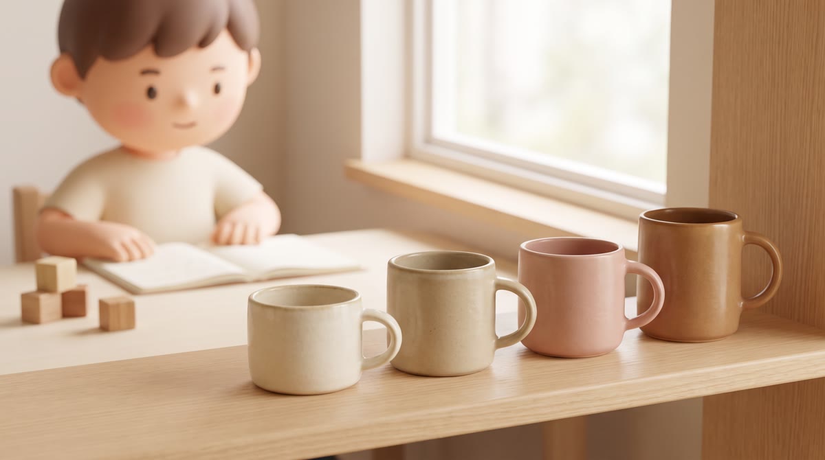 Four ceramic mugs of different sizes and earth-tone glazes arranged in a row on a light wooden surfa