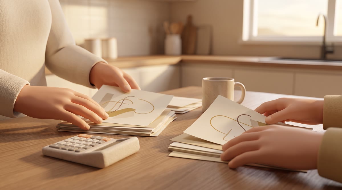Close-up of two pairs of hands at a kitchen table sorting through printed pages showing abstract pla
