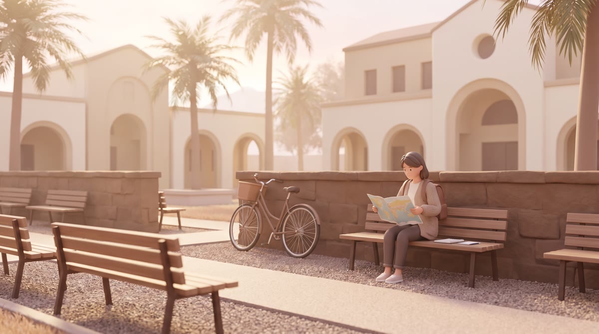 A community college quad in early morning, empty benches, a bicycle leaning against a low wall, Cali