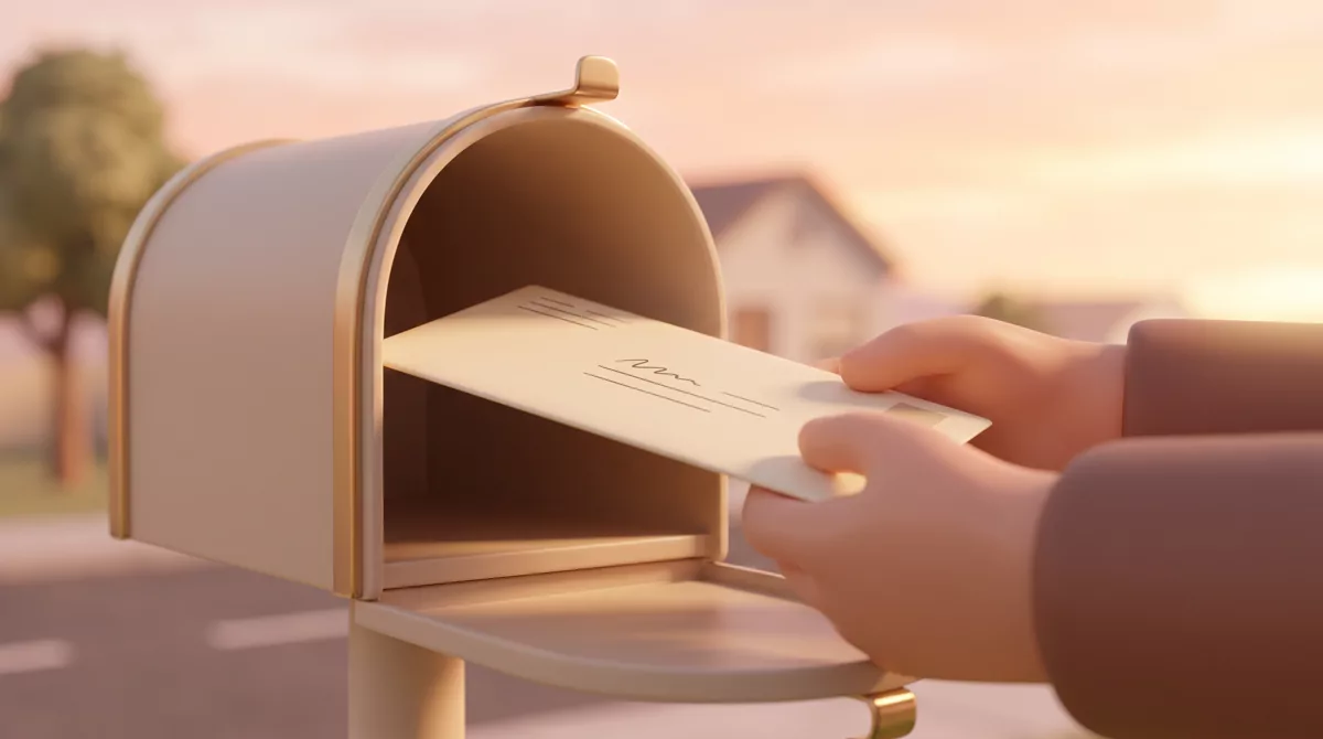 Close-up of hands sliding a paper envelope into a mailbox at golden hour, blurred residential street