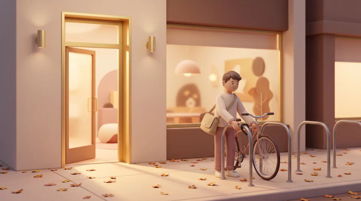 A student locking a bicycle outside a community center at dusk, canvas bag over one shoulder, warm l
