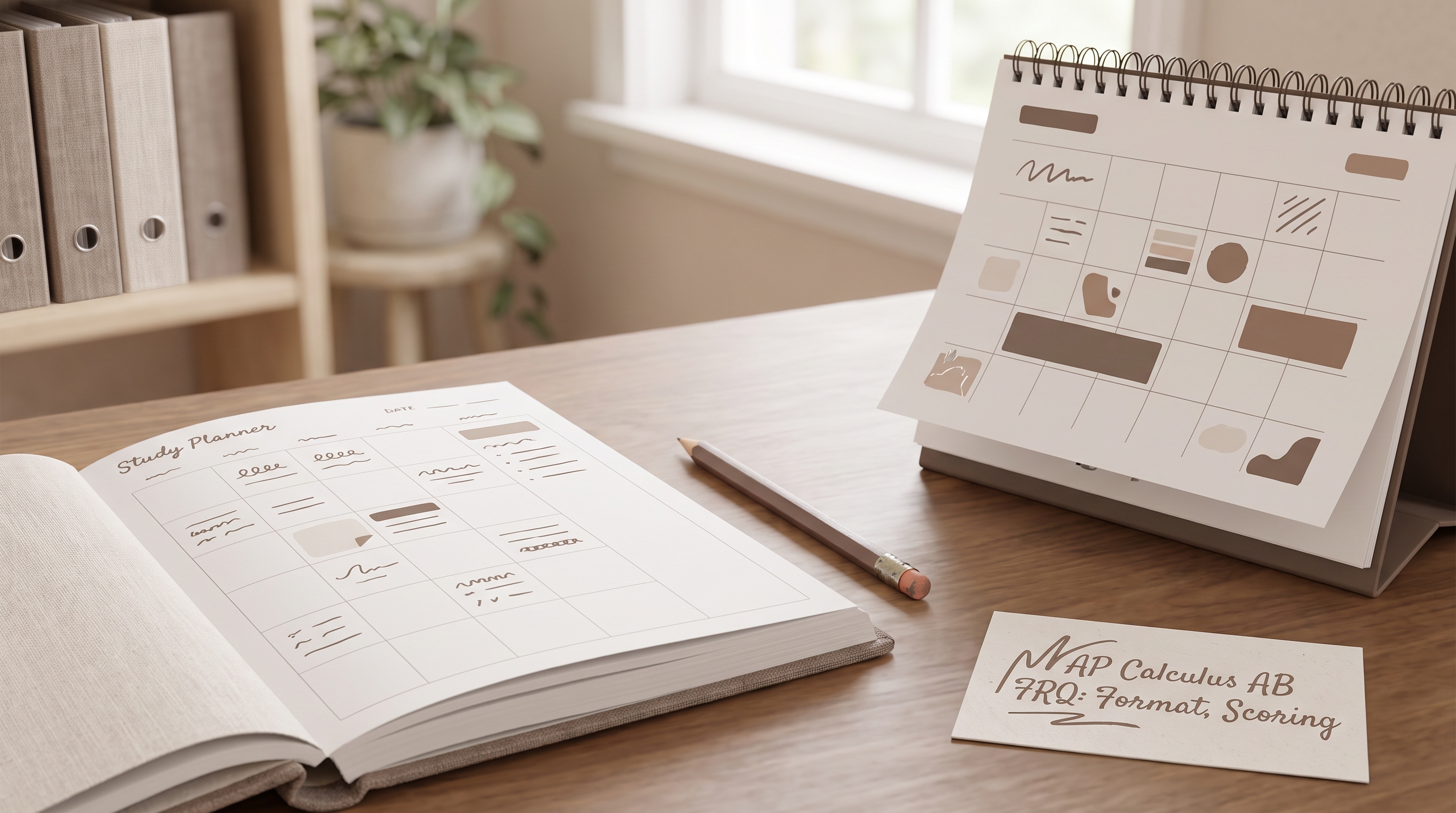 A calendar page and study planner on a desk with a pencil, soft focus, warm neutral palette suggesti