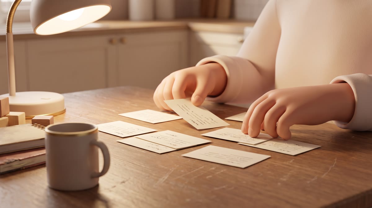 Close-up of hands sorting a spread of index cards on a scuffed kitchen table under a lamp, cards bea